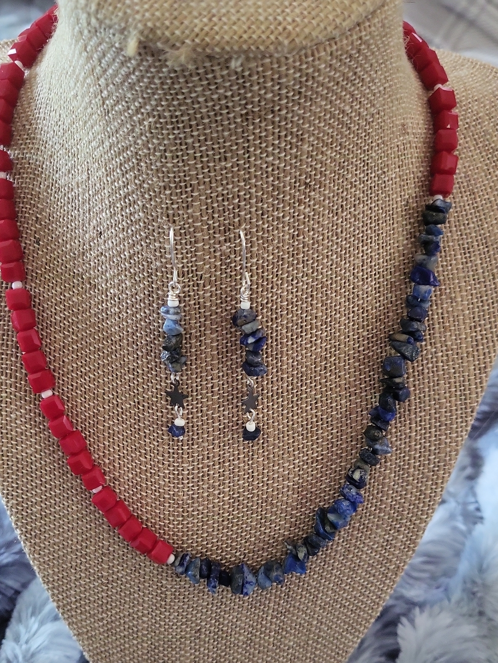 Red, White and Blue Americana Lapis Beaded Necklace with Coordinating Earrings